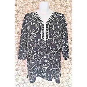 JM Collection Popover Tunic 2X Blue Floral 3/4 Sleeve Beaded Neckline Stretch